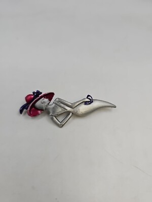 Vtg Pin Signed J. J. Pewter Art Deco Woman Red Hat Enamel W / Purple Accents