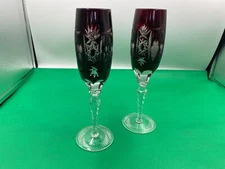 Set of 2 Ajka Crystal MARSALA RUBY Champagne Flutes / Glasses