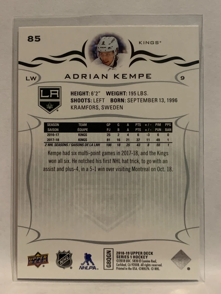 #85 Adrian Kempe Los Angeles Kings 2018-19 Upper Deck Series One Hockey Card - Image 2 of 2