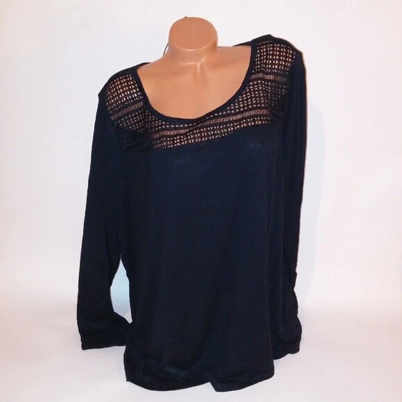 Blusa túnica mujer Lane Bryant negra crochet encaje ribete manga larga