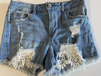 Aeropostale Sz 00 High Waisted Shorty Distressed Jean Shorts Lace  Crochet