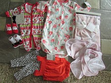 NEW LOT 14 NEWBORN BABY GIRL CLOTHING CARTERS SLEEPERS BLANKET BIBS 