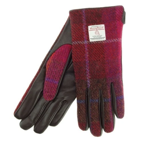 Ladies Authentic Harris Tweed Leather Gloves in Dark Pink Tartan LB3001 Large