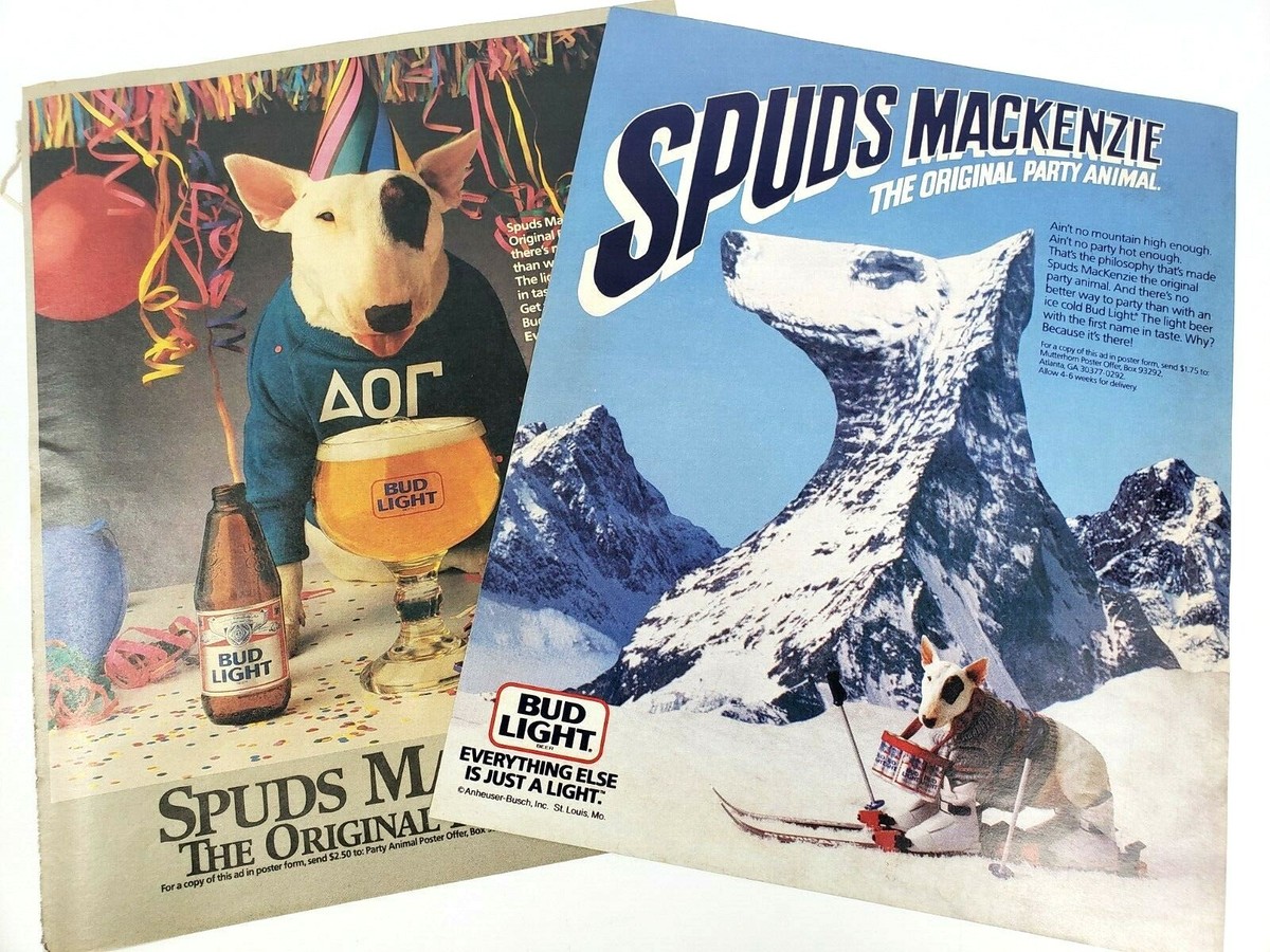 Spuds MacKenzie Bud Light Vintage Ad Lot of 2 Fraternity Party