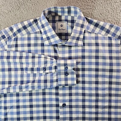 David Donahue Dress Shirt Men Large Button Up Long Sleeve Blue White Plaid