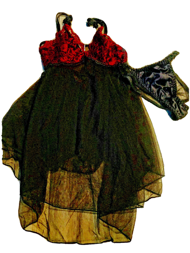 Womens Nightgown Sexy Intimates Gillian OMalley Red Black Lace Sheer Sleepwear