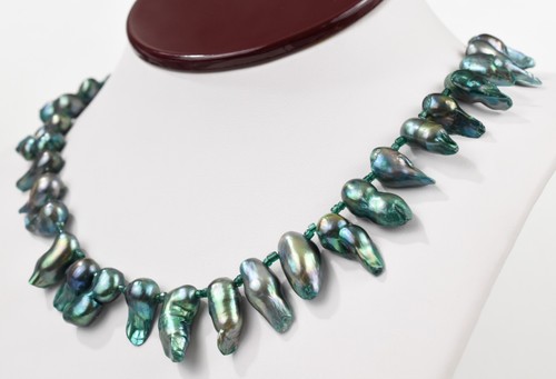 Sterling Silver Dark Teal Baroque Pearl / Pearl Fragment Necklace, 24" Unique! - Picture 9 of 11