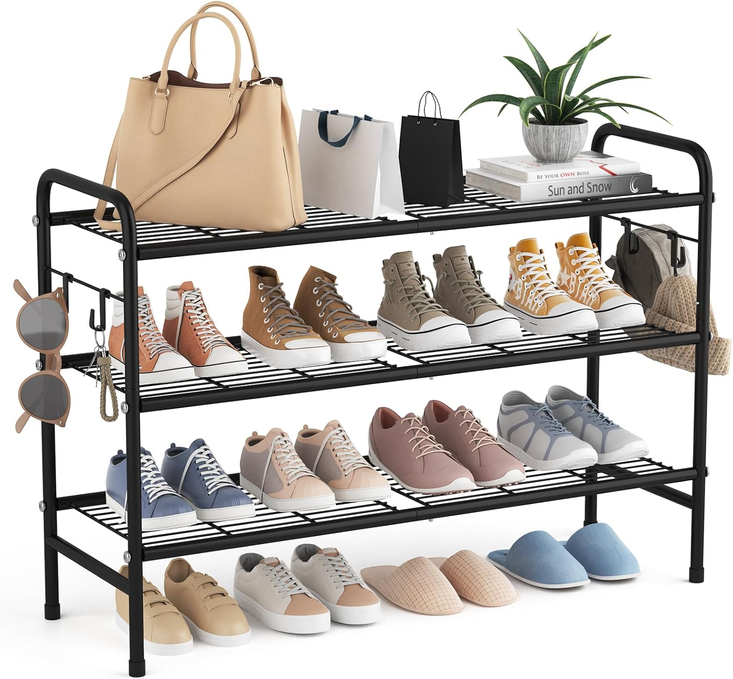 3 Tier Metal Shoe Rack Organizer 33 Inch Wide with 4 Side Hooks