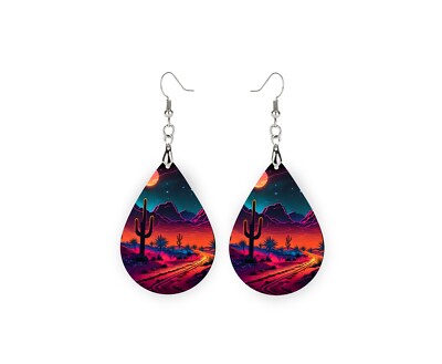 Neon Desert Night Print Wood Dangle Teardrop Print Earrings