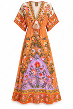 FARM Rio One Size Floral Bird Print Maxi Dress Orange Purple Boho Tropical