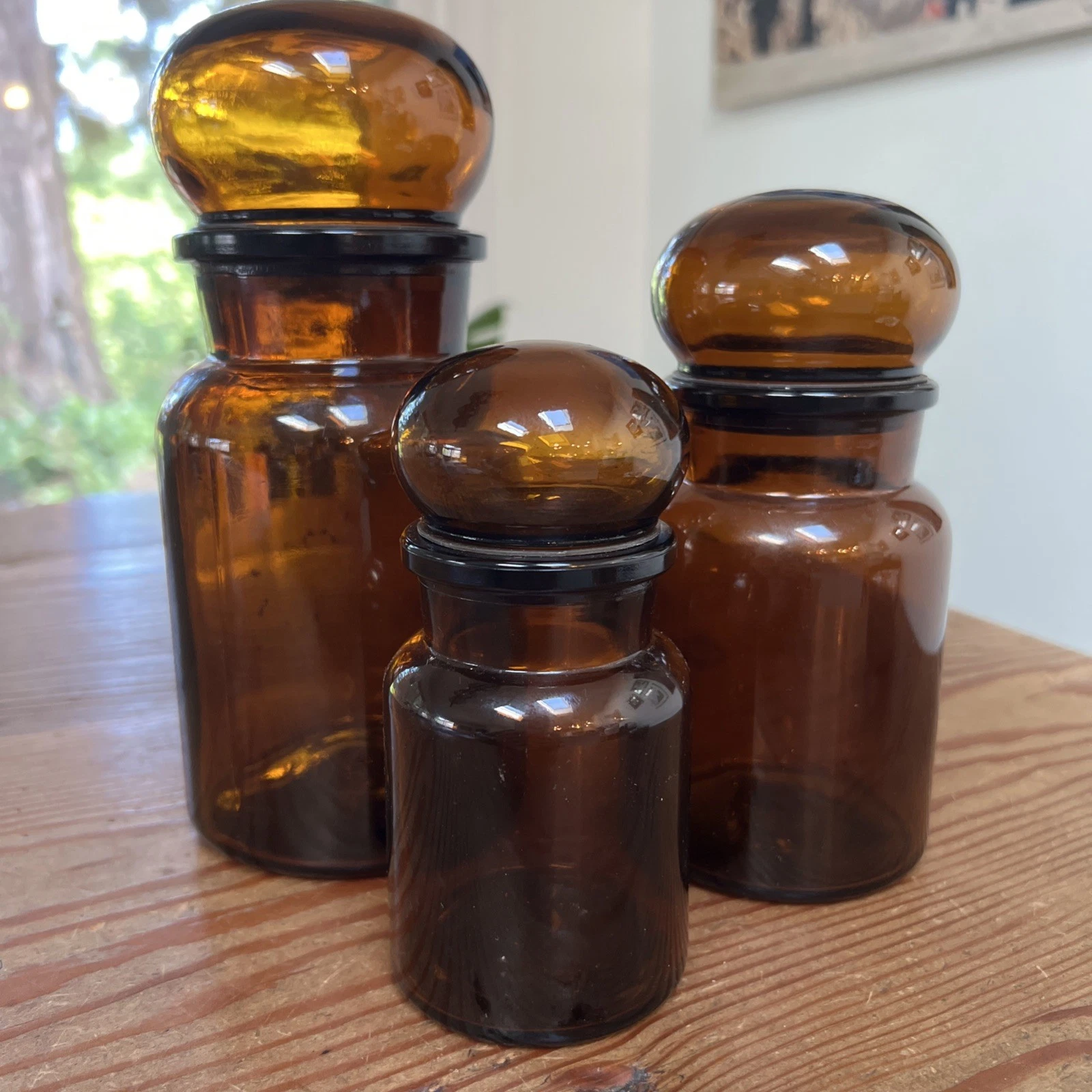 VintageAmber Brown Bubble Top Apothecary Jar Lot 3 Glass Canister Belgium