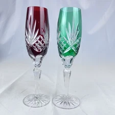 Ajka Caroline Emerald Green & Ruby Crystal Champagne Flute 9” Set of 2 EUC