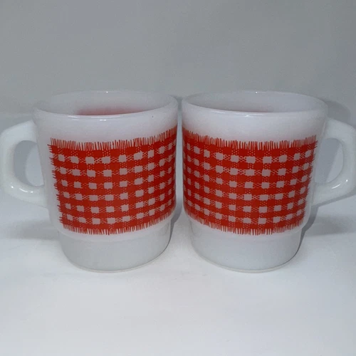 Vintage Fire King / Anchor Hocking Red Gingham Check Mugs x 2 in Excellent Cond
