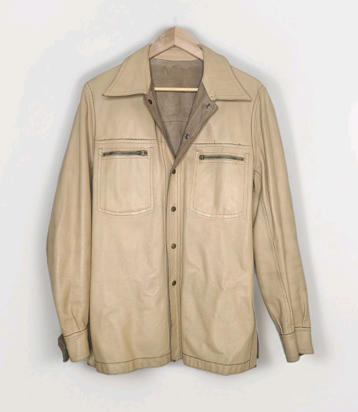 Vintage Split Suede Leather Light Tan Trucker Shirt Jacket Western Made In Italy