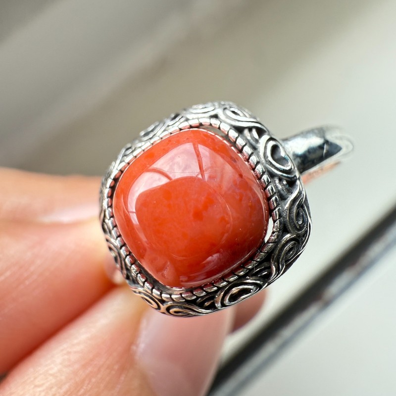 925 Sterling Silver Ring 8x8mm Square Natural Red Agate Gemstone Women Jewelry