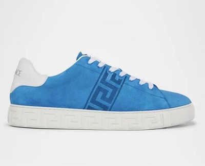Versace men s La Greca Greek Key suede sneakers Blue/White EU 42 US 9 $595