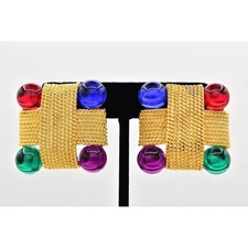 Vintage Cabochon Clip On Earrings Multi-Color Criss Cross Chunky NOS 80s BinA23