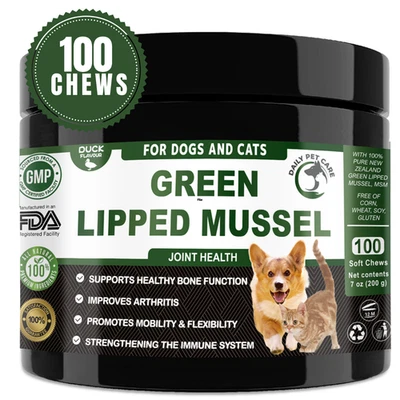 DAILY PET CARE 100 Joint Care Supplement , Green Lipped Mussel Chews for Dogs and Cats