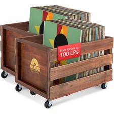 2x Rangement Vinyles Caisse Range en Bois Retro 100 LP Disques 4 Roulettes Brune