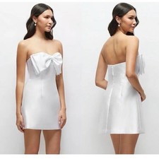 Alfred Sung Oversized Bow Strapless Little White Mini Dress with Pearl Accents 2