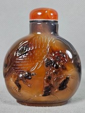 Excellent Chinese Elder Monkey Bird Carved Natural Agate Snuff Bottle
