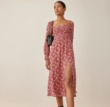 Reformation Cello Long Sleeve Midi Georgette Smock Dress Red Floral Size Medium