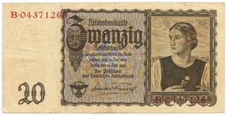 20 REICHSMARK REICHSBANKNOTE GERMANY WOMAN HOLDING EDELWEISS 16/06/1939 BB