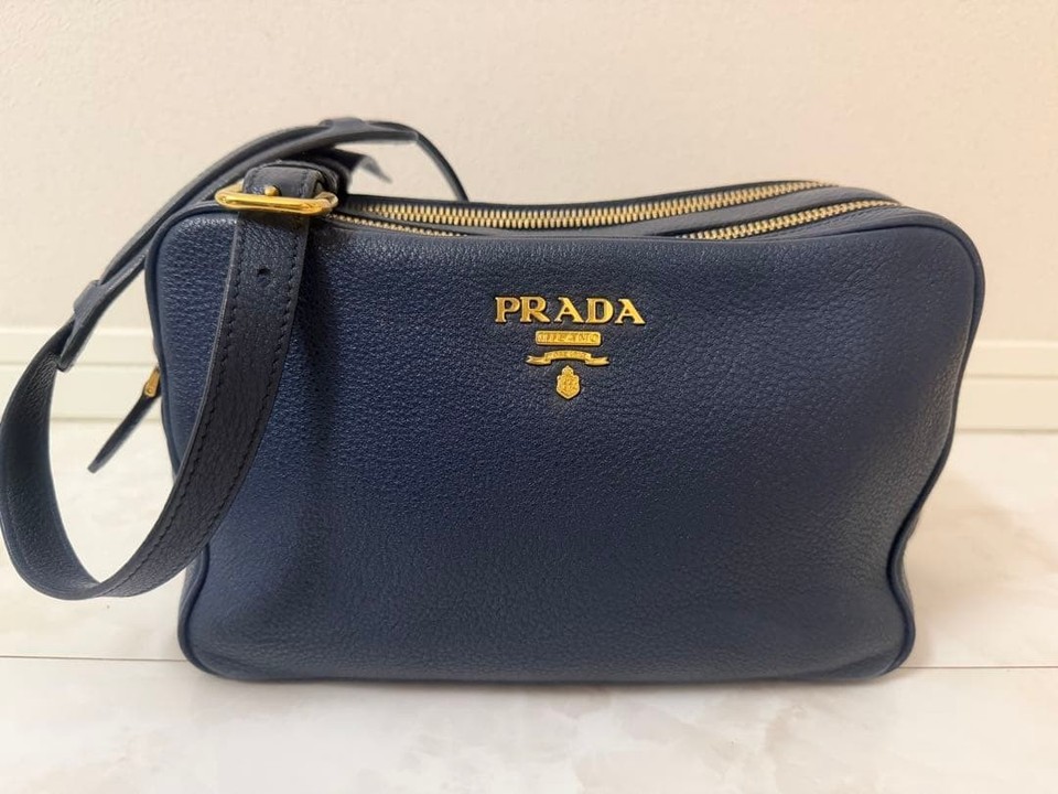 PRADA Vitello Dino Leather Shoulder Bag Navy Gold Hardware Authentic Double Zip