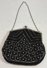 1930s Art Deco Black Beaded Evening Bag Faux Pearl Purse Provenance Note Vintage