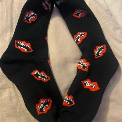 Chrome Hearts Crew Socks Large Lips Pattern Black Red Designer Breathable Cotton