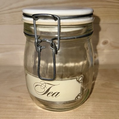 Vintage Carlton Clear Glass TEA Canister Jar, 3/4 L with Locking Lid USA