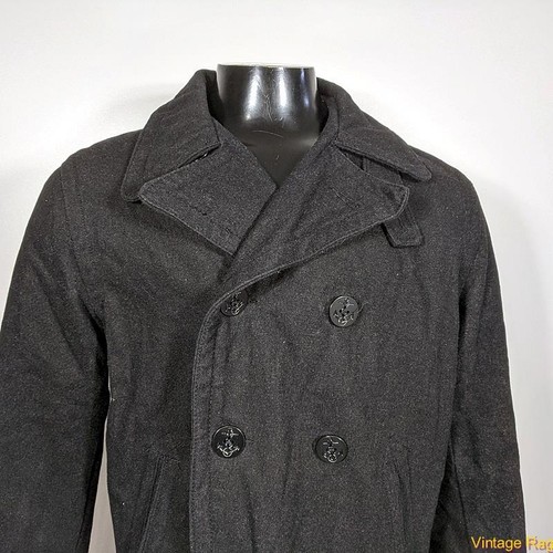 ANTIGUO AZUL MARINO Chaqueta Abrigo de Mezcla de Lana Abrigo de Guisantes Para Hombres Talla M Negro Aislado - Imagen 2 de 7
