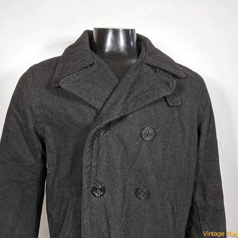 Abrigo Chaqueta Abrigo Chaquetón Guisante Mezcla Lana Azul Marino Antiguo Para Hombre Talla M Negro Aislado Foto 2 de 4