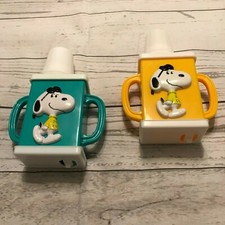 Snoopy Joe Cool Set of 2 Juice Box Holder Sippy Cup Trainer Yellow Green Vintage