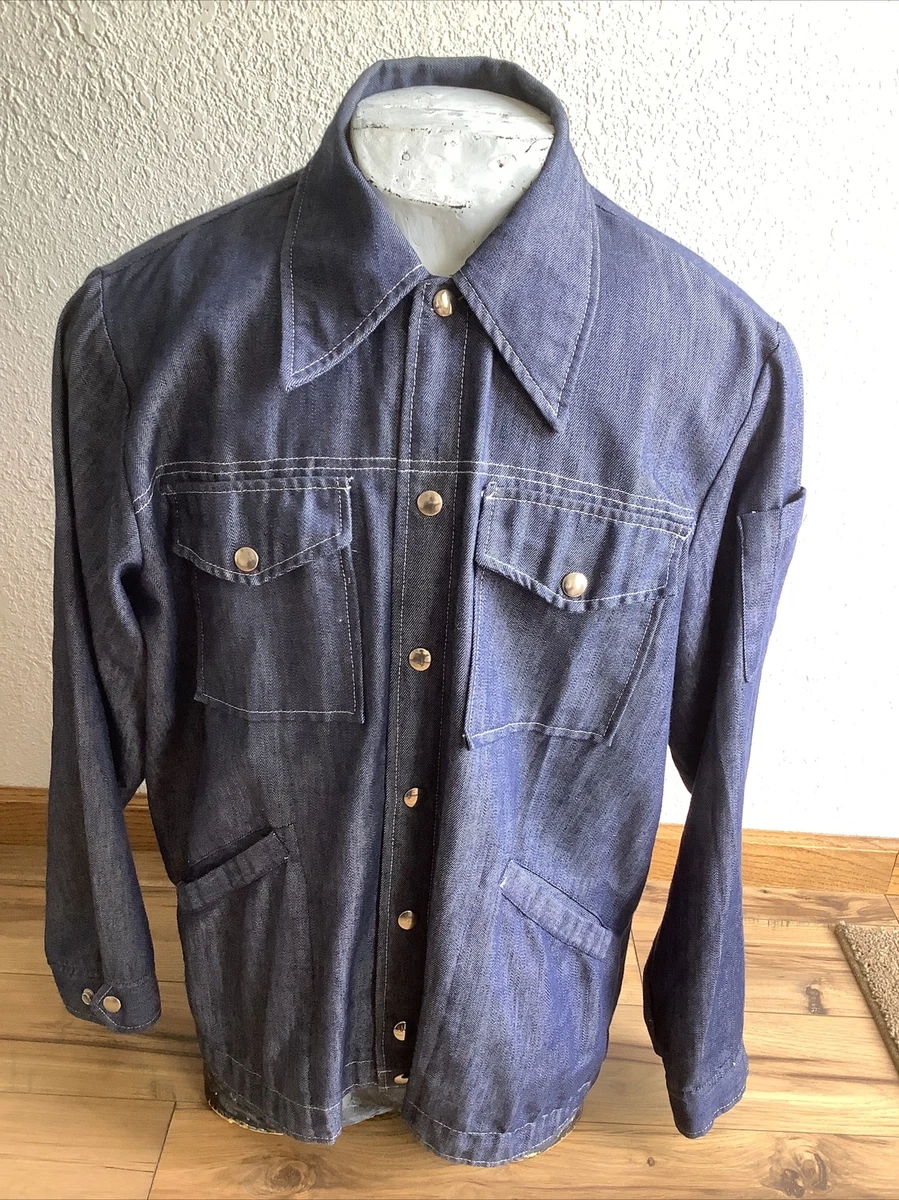 VTG 70s Champion Racing Apparel Snap Front Button Blue Denim Shirt Jacket XL