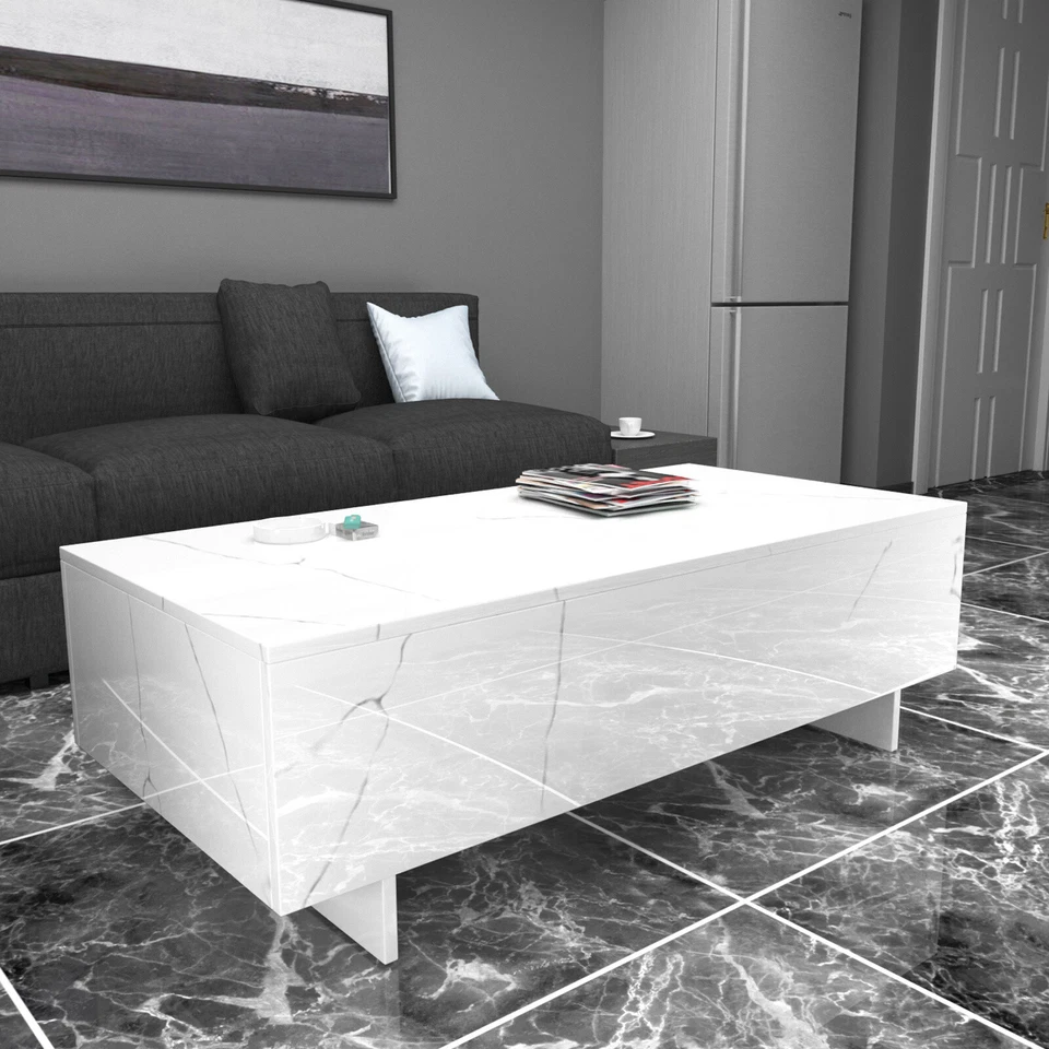41" Modern White Coffee Table High Gloss Marble Veneer Rectangle Living Room - Image 2 of 4
