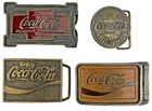 Collection of 4 Vintage 1970's Coca-Cola Belt Buckles - Brass, Enamel, Leather