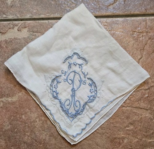 Vtg Embroidered Monogrammed Maderia Hankerchief "R" Cutout White Blue Handmade