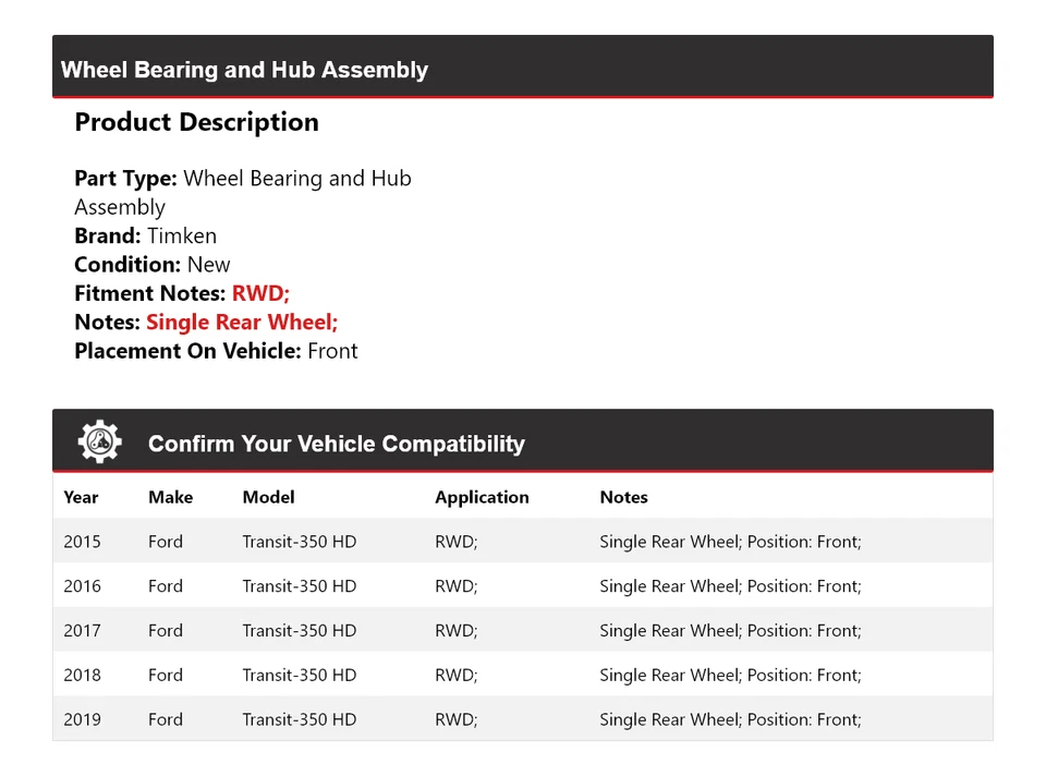 Conjunto de cojinete de rueda y buje delantero Timken para Ford Transit-350 HD 2015-2019 tracción trasera Foto 2 de 4
