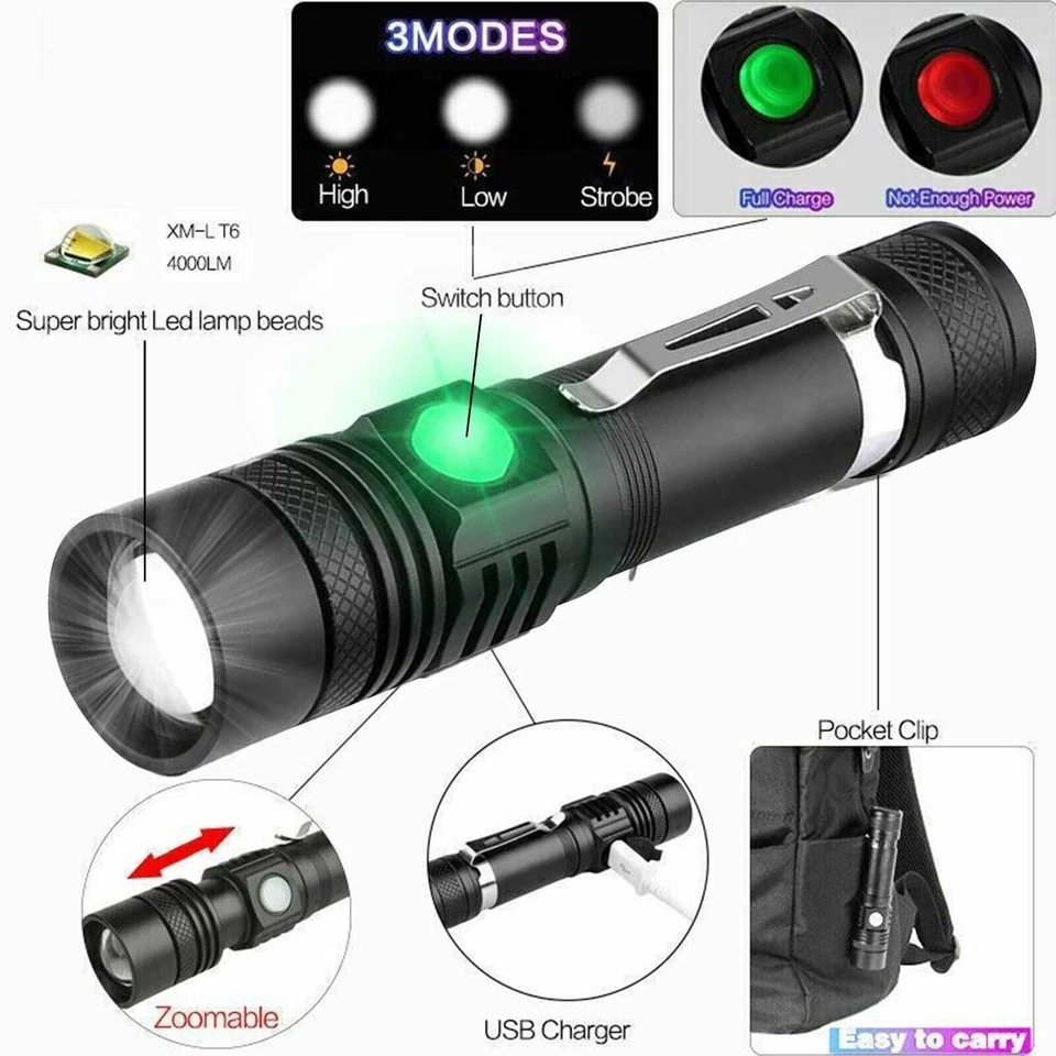 1/2/3x Taschenlampe LED Aufladbar USB Super Hell Taktisches Fackel Lumen Akku - Bild 2 von 4