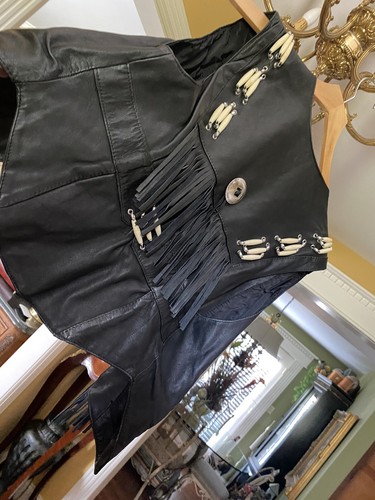 VTG Silver Hawk Biker Gear Black Ladies Fringed Vest . With Bone Look Accents - Picture 13 of 24