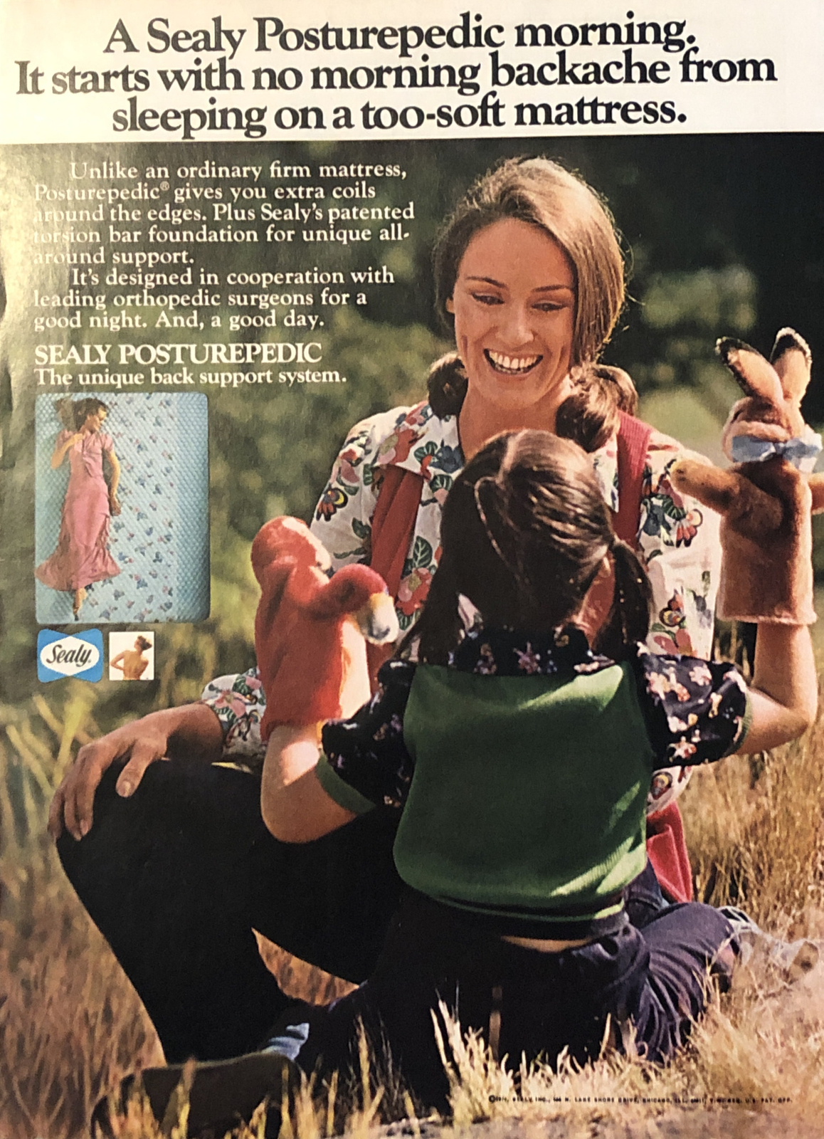 1974 Sealy Posturepedic Mattress PRINT AD Back Support Mom Daughter VTG 1970s