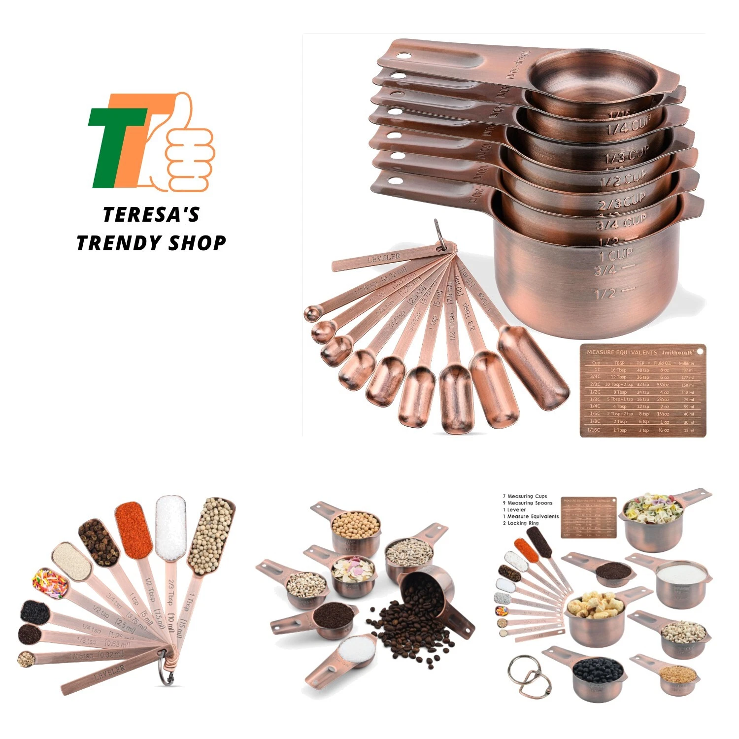 Measuring Cups and Spoons Set, Copper Measuring Cups and Spoons, 7 Stainless ...