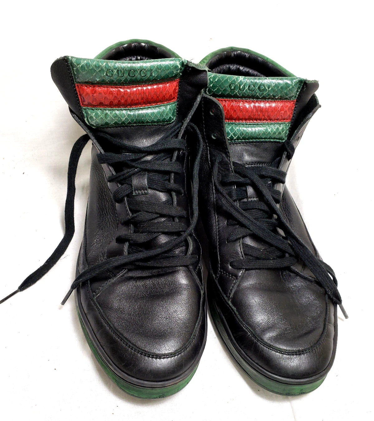 Baskets GUCCI pour hommes haut de gamme US12D (Est.) Cuir noir daim vert garniture solide