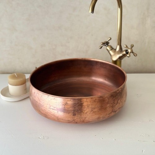 Handgefertigtes gealtertes Kupfer Waschbecken - Vintage Badezimmer Gefäß mit antiker Oberfläche. - Bild 2 von 5