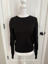 New DKNY Women's Round-Neck Embellished Fringe-Trim Sweater Black Sz S