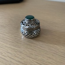 Silver Fretwork Lidded Trinket With Cabouchon Green Stone - Stamped 925