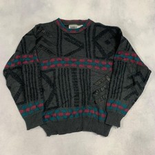 Vintage Knitted Jumper Abstract Patterned Grandad Knit Sweater With Leather