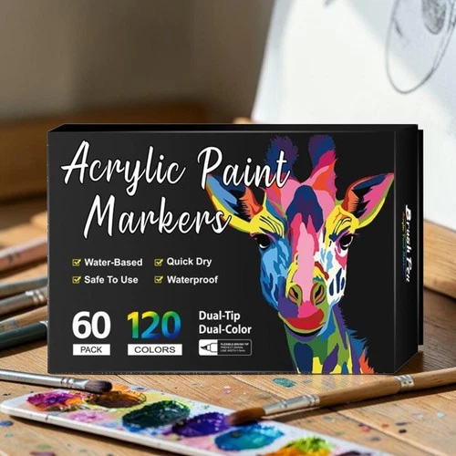 Acrylic Markers Set 60 Pens Double Head Fabric Colouring Paints Arts Crafts Gift