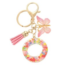 Initial Letter Keychains, Resin Cute Pendant with Butterfly Tassel, Pink-O